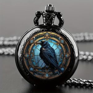 Unique Vintage Black Crow Mini Quartz Pocket WatchNecklace Pendant With World Time Feature Ideal Gift For Men & Women and Kids