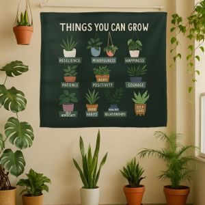 VIKAMA Things You Can Grow Potted Plant Quote Wall Tapestry Dark Green Resilience Mindfulness Happiness Mental Health Therapy