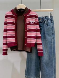 Girls Stripe Knitted Sweater Cardigan Autumn New Arrival Brand Childrens Clothing Sport Style Cotton 100% Long Sleeve round Neck