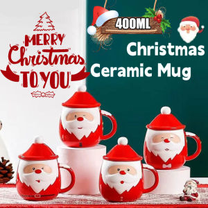 400ML Cartoon Santa Claus Ceramic Mug with Lid Spoon Handle Non-slip Portable Milk Coffee Teacup Christmas and New Year Gifts