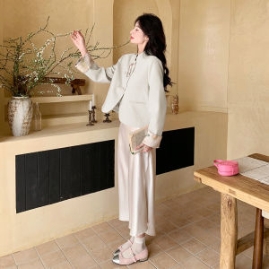 New Chinese Style Womens Jacket Casual Fashionable Beige Spring 2024 High-End Feel Half Skirt Set Polyester Material