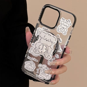 Cute Cartoon Rotate Clock Puppy Bracket Magnetic Phone Case for iPhone 16 15 14 13 12 Pro Max Clear Shockproof Protective Cover