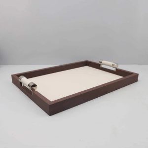 New Chinese Style Leather Metal round Handle Tray Sample Room Office Home Living Room Desktop Decoration Ornaments Handmade Craft