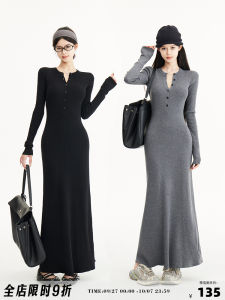 ชุดเดรสยาวถักแขนยาวสำหรับผู้หญิง ฤดูใบไม้ร่วง/ฤดูหนาว ดีไซน์ใหม่ กระโปรงทรงเอ คอตั้ง แขนยาว กระโปรงทรงเอ