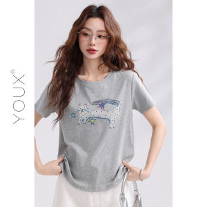 YOUXIANG | Áo Thun Mới Hè Cổ Tròn In Hình Mèo Hoạt Hình Phong Cách Hàn Quốc