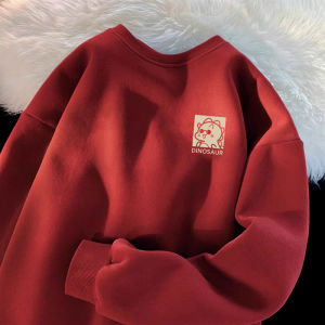 Red Wine Color Fleece Lined Thickened Mens Sweatshirt Snake Year Lucky Year Clothing Casual Print Loose Fit Long Sleeve Coat