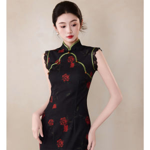 Vintage Style Red Rose Black Qipao Dress