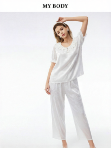 Mybody | Summer Short Sleeve Satin Padded Ruffled Pyjama Set