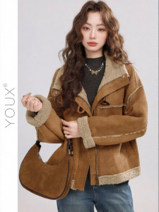 YOUXIANG | Áo Khoác Mùa Đông Lông Cừu Nhung Nâu Phong Cách Retro