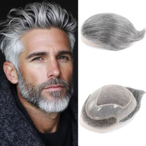 #1B40/#1B60/#1B80 Grey Mens Toupee Hair Replacement System Human Hairpiece Back Style Mono PU Breathable Lace Front Male Wig