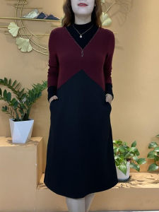 ชุดเดรสยาวปานกลางสไตล์ฤดูใบไม้ผลิและฤดูใบไม้ร่วงสำหรับผู้หญิง ชุดกระโปรงสองชิ้นปลอม คอกลมสูง แขนยาว ทรงเอ แขนยาว ทรงเอ