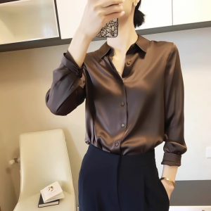 Acetate Brown Long Sleeve Womens Shirt Satin Loose Shoulder Fashionable Autumn New Style Premium Quality Ladies Blouse