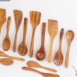10PCS Natural Wooden Cooking Utensils Kit - Spoons Ladles for Salad Soup Noodles - Kitchen Utensils