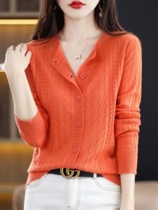 น้ำหนักเบา ผ้าขนสัตว์ถัก คาร์ดิเกน ผู้หญิง คอกลมแขนยาวกลวงออก ผ้าไหม Blend Ice ผ้าไหม ผ้าคลุมไหล่ปรับอากาศ เสื้อโค้ท