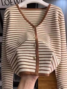 Autumn Winter 2024 Lazy Style Color Block Striped Long Sleeve Short Cardigan V Neck Knitted Sweater Trendy Korean Loose Fit