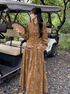 New Chinese Style Printed Top And Skirt Set Womens Fashionable Mature Two-Piece Suit with Button Design Polyester Fiber Long Sleeve