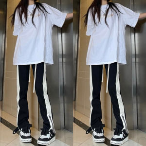 American High Street Vibe Black Casual Pants Draping Hem Zip Straight Leg Sports Trousers for Young Women Spring Season