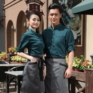 เสื้อเชิ้ตแขนยาวสำหรับพนักงานโรงแรม ร้านกาแฟ ร้านอาหารตะวันตก ชุดทำงาน แขนเจ็ดส่วน พิมพ์โลโก้ ผ้าผสมคอตตอน