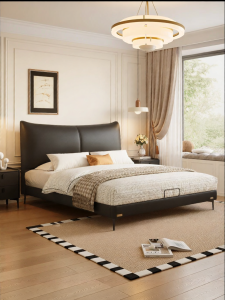 Minimalist Leather and Wood Double Bed with Drawers