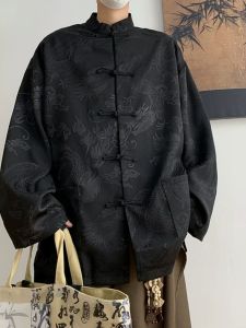 New Chinese Style Light National Style Chinese Knot Button Shirt Mens Fancy Black Dragon Pattern Long Sleeves Shirt Tang Suit Robe Han Dynasty Outwear