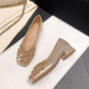 Elegant French Crystal Chunky mid Heel Womens Shoes Spring 2024 Fashion Pearl Buckle Bead Embellished Flat Mouth Shoes