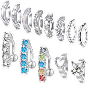 2PCS Surgical Steel Clicker Belly Button Ring for Women CZ Heart Butterfly Simple Reverse Navel Rings Body Piercing Jewelry