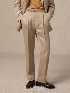 Twill Patterned Single Pleat Straight Leg Mens Trousers Slim Fit Summer