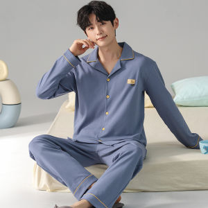 Miiow | Mens Sleepwear Set Pure Cotton Thin Breathable Long Sleeve Long Pants Home Clothes Suitable For Outdoor Wear Autumn Style Loose Fit