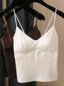 New V-Neck Smooth Acetate Satin Base Top with Chest Pad Fashionable Slimming Short Strap Womens Vest Tops Commute Pure Color