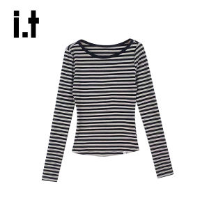Off-Shoulder Slim Fit Black and White Stripe Long Sleeve T-shirt