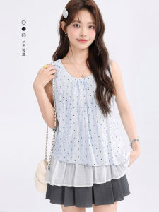 Korean Style Summer Anti-Aging Polka Dot Sleeveless Strap Vest Womens Fashion Sweet Loose Fit Print Top Two-Piece Look