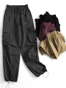 กางเกงทำงานทรงหลวมเอวยางยืดมีซิปกระเป๋าข้างสำหรับผู้หญิง กางเกงขายาวลำลองสีพื้น กางเกงขายาวทรงหลวมสำหรับผู้หญิง
