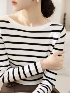เสื้อยืดคอวีถักแขนยาวผู้หญิง เสื้อชั้นในลายทางสไตล์เกาหลี ทรงสลิมฟิต แฟชั่นฤดูใบไม้ผลิและฤดูใบไม้ร่วง