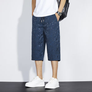 Ice Silk Embroidered over Knee Shorts Mens Summer Loose Cool Breathable Straight Leg Casual Comfortable Elastic Seven Foot Pants