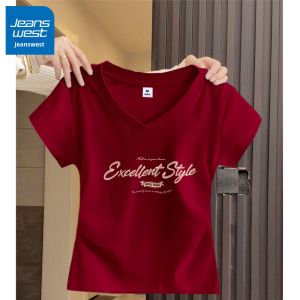 Jeanswest | Slimming Wine Red V-Neck Short Sleeve Cotton Womens Top