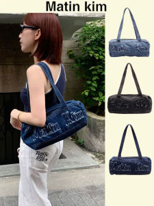 Matin Kim Retro Embroidered Letter Large Capacity Denim Boston Bag Womens Underarm Handbag Casual Shoulder Bag for Women