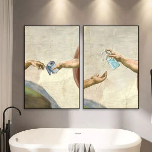 Retro Hand of God and Adam Funny Toilet Paper Picture Canvas Painting Poster for Wash Room Bathroom Living Wall Art Home Decor