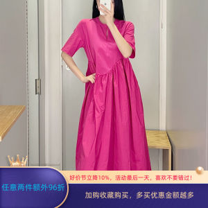 Cosniu Minimalist Peach Red Gown with Pleats Short Sleeve Long Dress Womens Fashionable Casual Cotton Dress A-Line Skirt