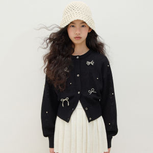 LOVESASAKIDS | Silver Bow Decorative Loose Sleeve Lace-Up Cardigan