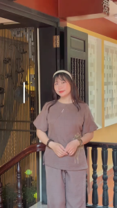 Đồ lam nữ đi lễ chùa chất đũi tay phồng thêu sen pháp phục quần áo đi chùa cho phật tử Thiên Di D04