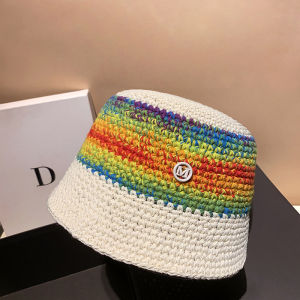 Rainbow Gradient Knitted Fisherman Hat Womens Small Hollow out Casual Sunshade Cap Spring Autumn Winter round Top Short Brim