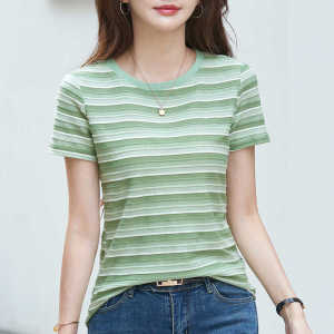 Casual Loose Short Sleeve round Neck Striped T-Shirt Womens Summer Slimming Folded Shoulder Top Versatile Comfortable Cotton Blend