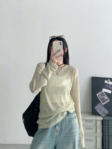 SunYeo Long Sleeve round Neck Loose Casual Retro Sun Protection T-Shirt Women Summer Base Layer Top Thin Material Solid Color