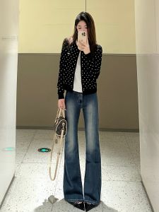 Deep Blue High Waist Stretchy Floor-Length Bell Bottom Jeans Womens Elastic Long Denim Pants Slim Fit Spring Autumn Ladies