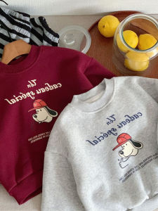 Korean Style Fleece Lined Loose Fit round Neck Sweatshirt for Kids Cartoon Print Casual Top for Boys And Girls