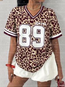 NEW YORK Leopard NO.89 Print V-Neck Womens Short Sleeve T-Shirt Summer Graphic Tee Baseball Jerseys Plus Size Sport T-Shirt