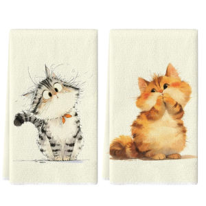 2Pcs Tilted-Head Cat + Mouth-Covered Cat Kitchen Towels 40Cm*60Cm Towel Set Super Absorbent Soft Cleaning Cloth Cooking and Baking Tea Towel Hand Towel Cleaning Cloth Dishwashing Cloth Kitchen Decoration Living Room Decorations Kitchen Essent...