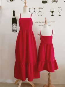 Ayman clothing mother and daughter dress set cotton linen with two side pockets adjustable straps