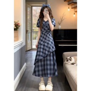 NIUVIES | French Blue Checkered Summer Mini Dress Pinched Waist
