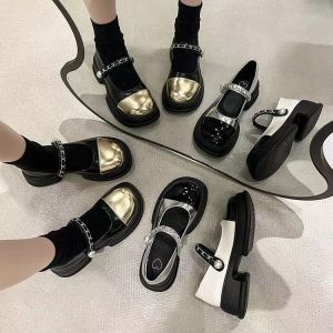 Womens Mary Jane Shoes round Toe Thick Heel Chunky Sole Slip-On Loafers Spring Summer Autumn Seasonal Color Block One Strap